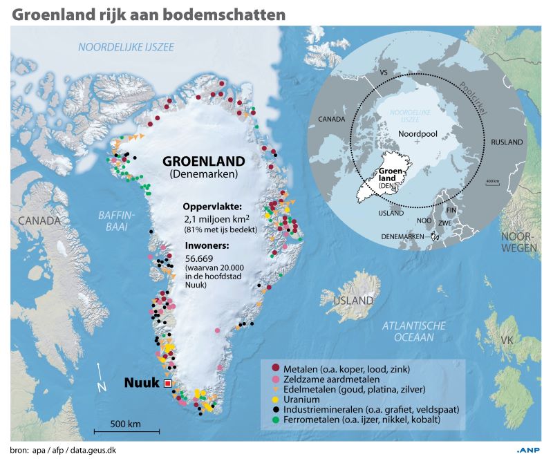 Kaart 1 Groenland is rijk aan bodemschatten, wat de interesse heeft gewekt van de VS voor het eiland. Afbeelding ANP Gra