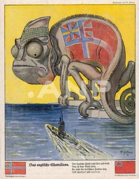 Duitse spotprent uit 1915 op de ‘lafheid’ van de Britse marine om zich achter de bijna identieke Noorse vlag te verschui